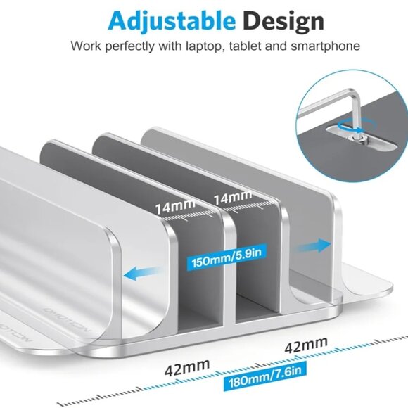 OMOTON ADJUSTABLE DOUBLE VERTICAL LAPTOP STAND- SILVER ALUMINUM DOCK - Picture 4 of 12